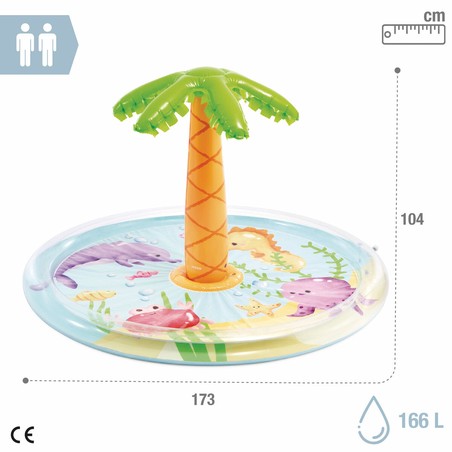 Detalle de la piscina hinchable 3 años Intex con diseño tropical.