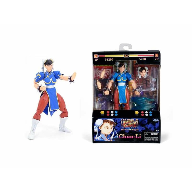 Detalle figura Street Fighter Chun-Li, uniforme azul y multicolor