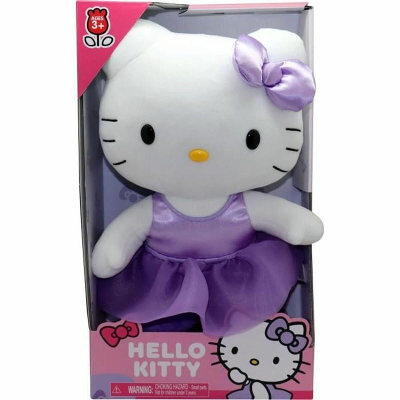 Peluche Hello Kitty con vestido violeta de satén, ideal para un regalo infantil