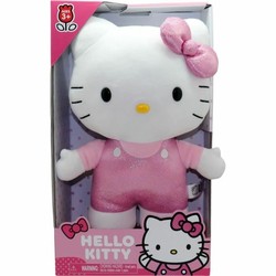Peluche Hello Kitty de 30 cm con vestido de pavo real en color rosa, ideal para niños.