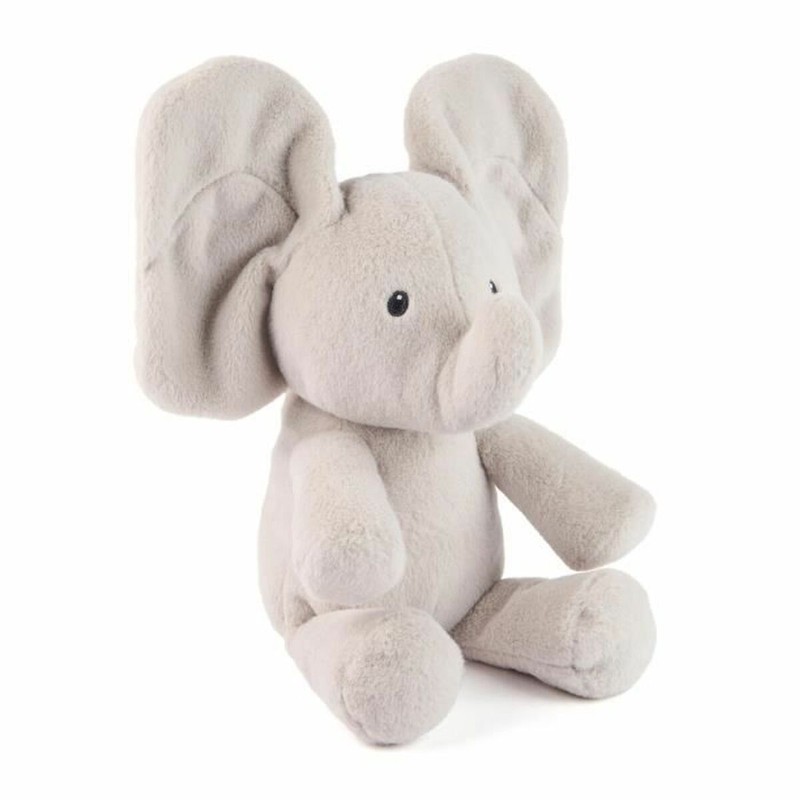 Elefante de felpa gris Flappy mostrando su juego de esconder y buscar