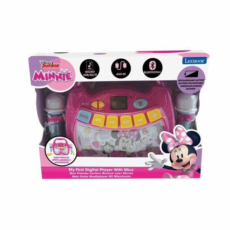 Niña cantando con altavoz Minnie Mouse, fomenta set construcción educativo