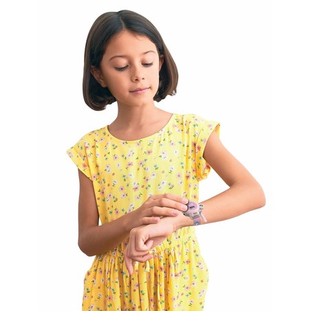 Smartwatch para niños 3 años con el personaje Stitch, mostrando sus colores azul y rosa