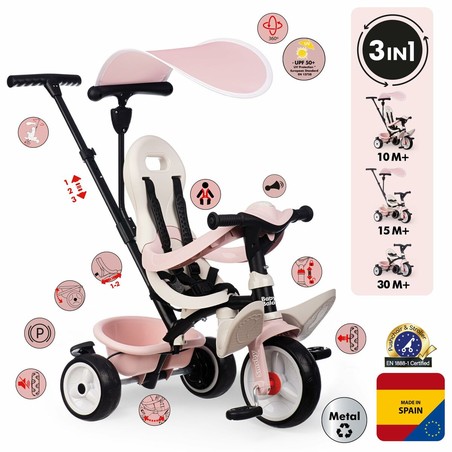 Cinturón de seguridad triciclo rosa con barra parental