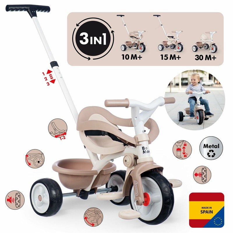 Vista superior del triciclo con manillar parental ajustable, para un control total.