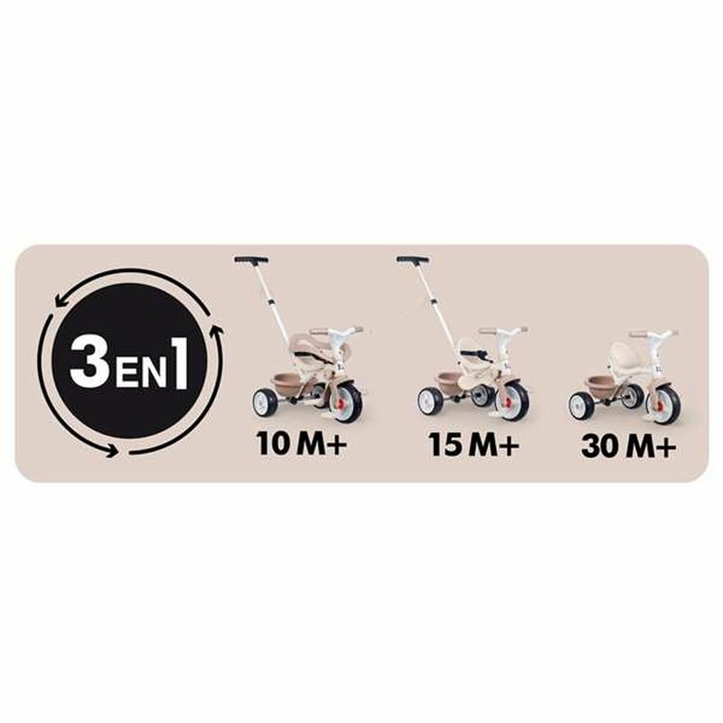 Niño interactuando con el triciclo con asiento ajustable y cinturón, aprendiendo a pedalear.