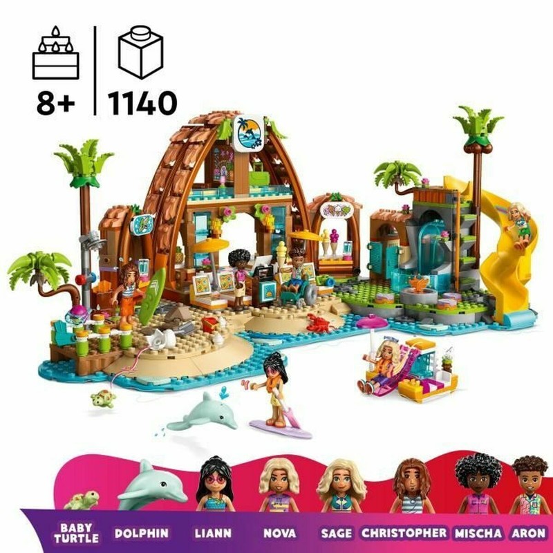 Lego Friends resort playa vista aérea, con detalles de las habitaciones.