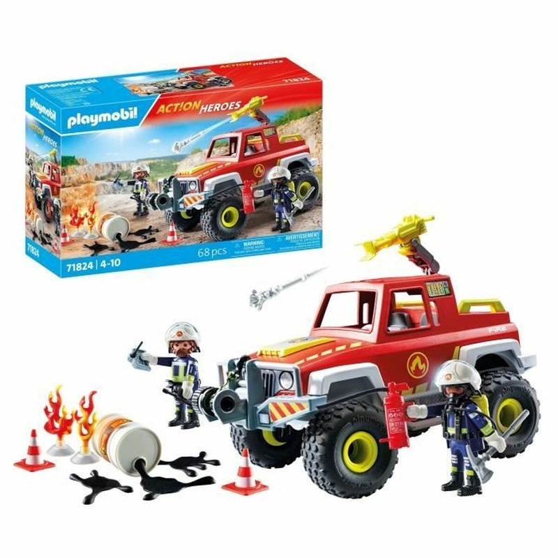 Detalle del bidón en llamas y accesorios del camión de bomberos Playmobil