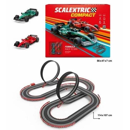 Pista de coches Scalextric con dos coches teledirigidos compitiendo en una curva