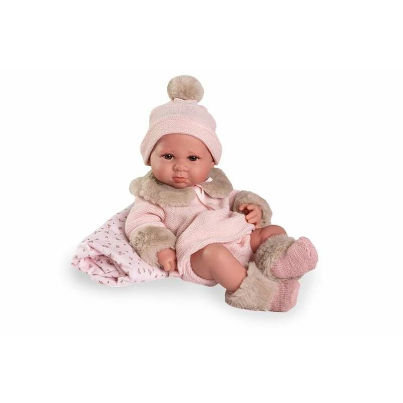 Muñeca realista de 42 cm con conjunto rosa, ideal para el juego simbólico infantil.