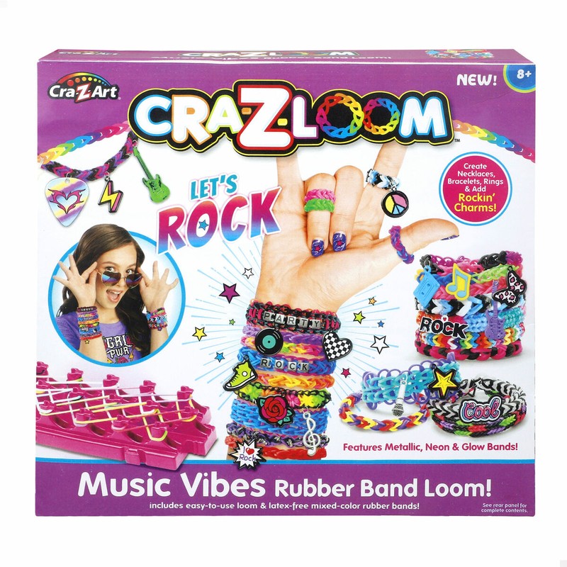 Ejemplos de pulseras y anillos hechos con el telar de gomitas Cra-Z-Art