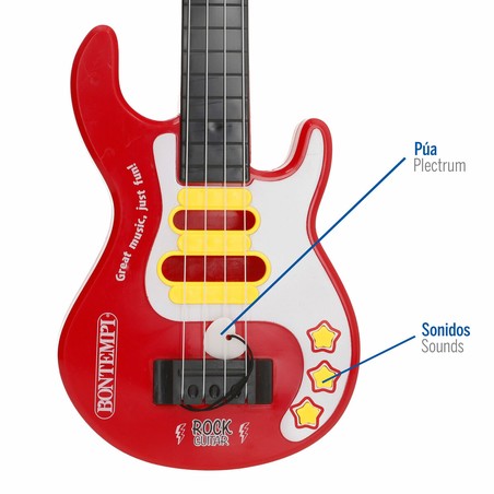 Detalle de las 6 guitarras eléctricas de juguete Bontempi en su embalaje.