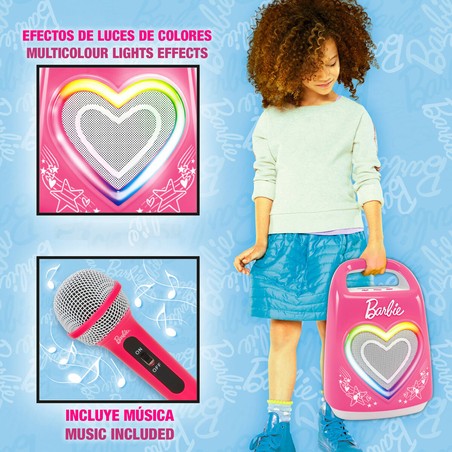 Niña cantando con micrófono Barbie, juguete musical con luces para fiestas