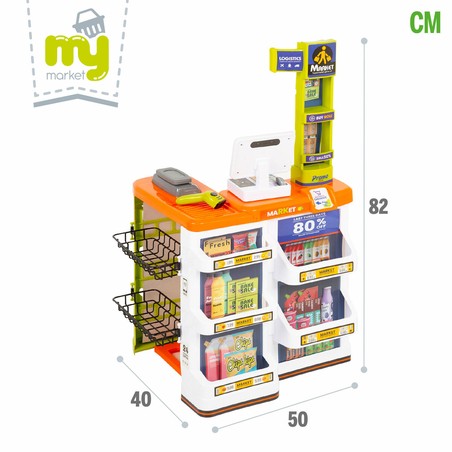 Variedad de accesorios y productos de alimentación para el juego de supermercado