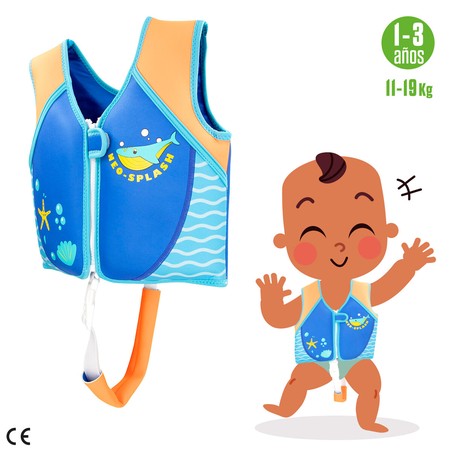 Niño feliz usando chaleco aqua sport 1-3 años en la playa