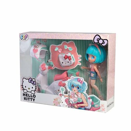 Primer plano de la cara de la muñeca Hello Kitty con sus detalles.