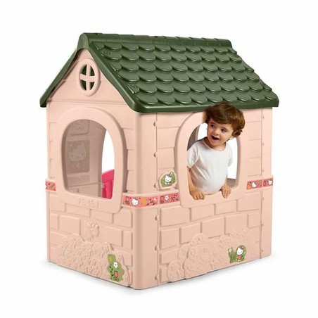Casita Hello Kitty de color rosa, detalle de puerta y ventanas.