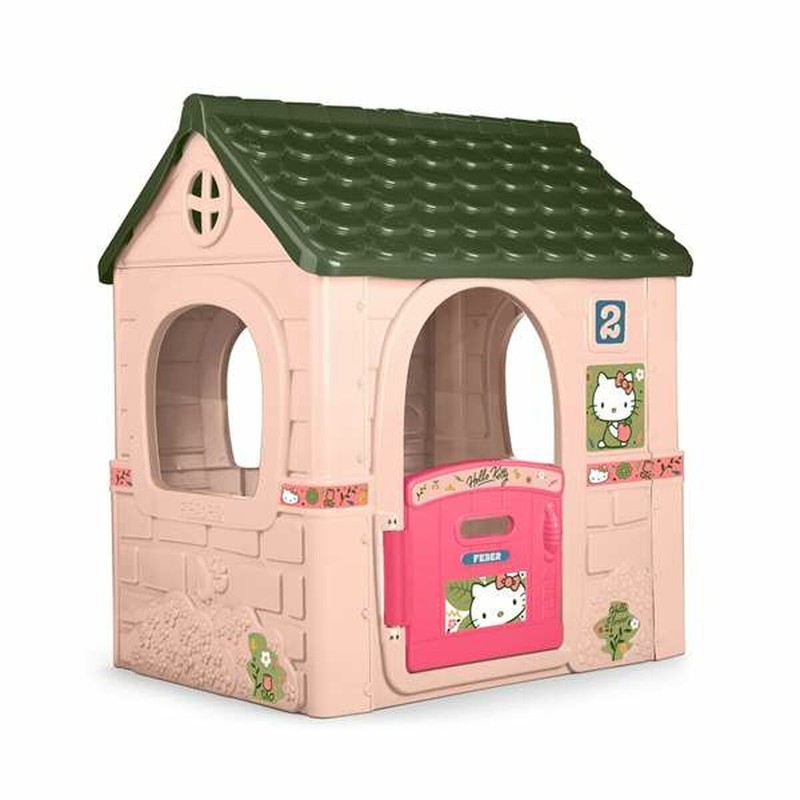 Vista lateral de la casa de plástico duradera Hello Kitty, ideal para juego exterior infantil.