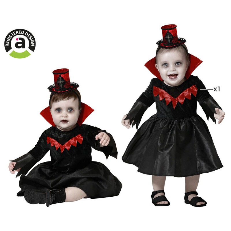 Bebé con elegante disfraz infantil de vampiresa negro y rojo.