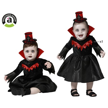 Bebé con elegante disfraz infantil de vampiresa negro y rojo.
