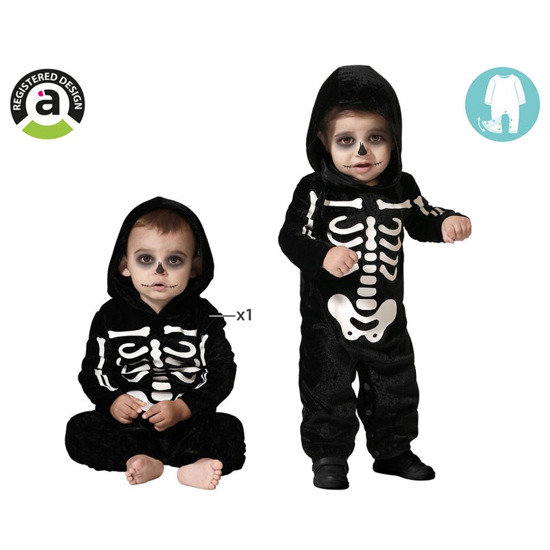 Disfraz Halloween infantil: Bebé feliz con su traje de esqueleto.