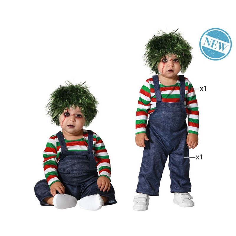Bebé gateando con traje carnaval niño de muñeco