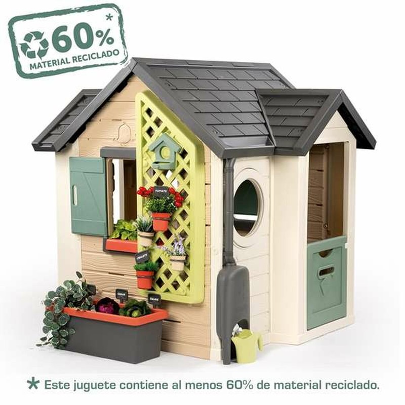 Casita de jardín para niños con puerta y ventanas abiertas