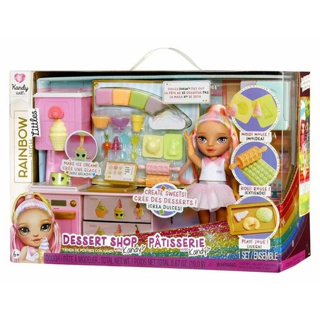 Vista trasera de la muñeca Rainbow High Little Dessert y su packaging