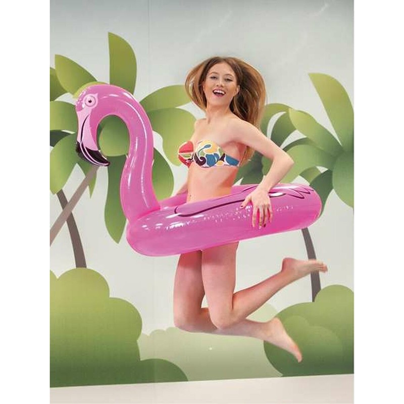 Detalle flotador flamenco rosa 95 cm, colchoneta hinchable verano
