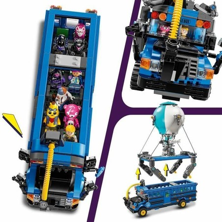 Vista lateral del Battle Bus de Fortnite construido con LEGO