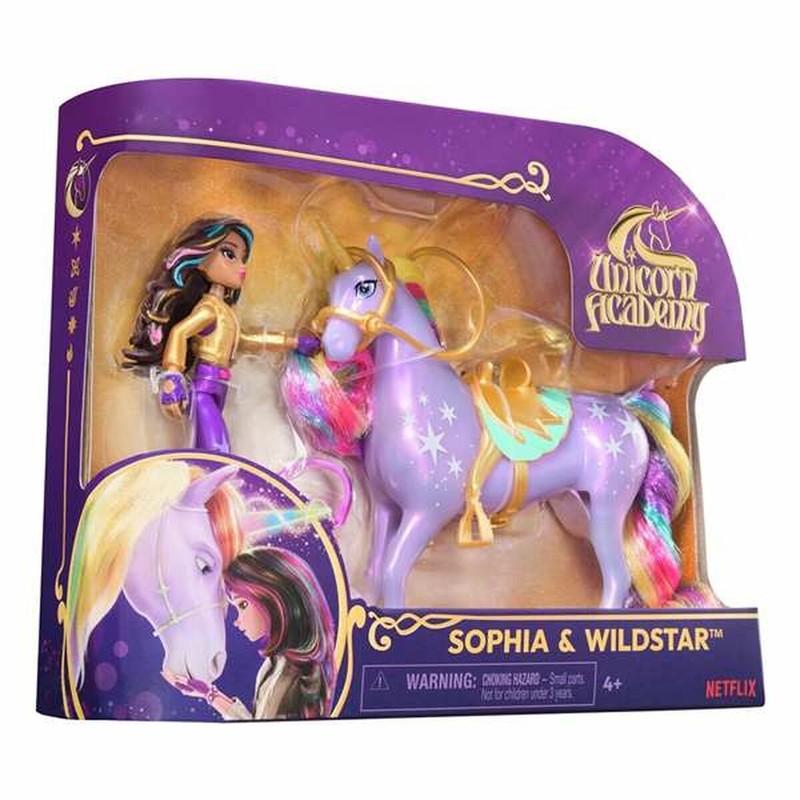 Unicornio Wildstar con crines de arcoíris y montura