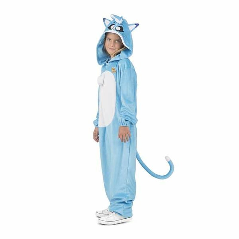Niño con disfraz de gato Akela Kigurumi, vista frontal, jugando felizmente.