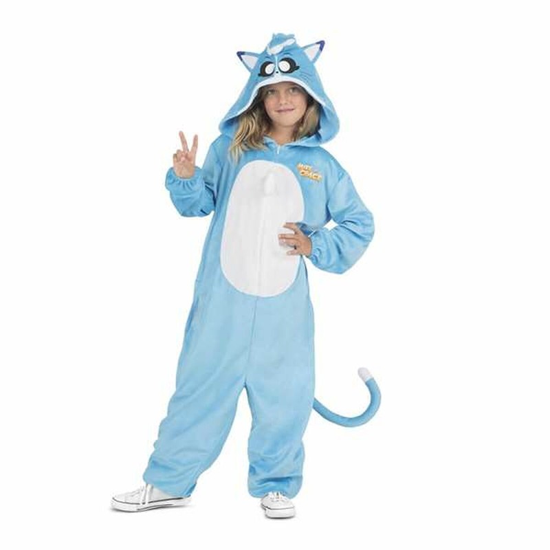 Disfraz infantil de gato azul Akela Kigurumi con detalles y efectos de sonido.