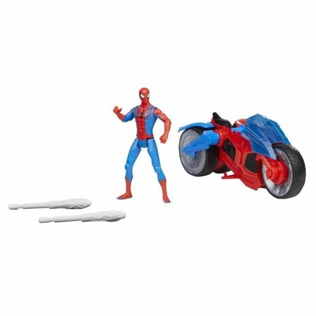 Moto acción infantil Spiderman lanzando proyectiles en juego dinámico