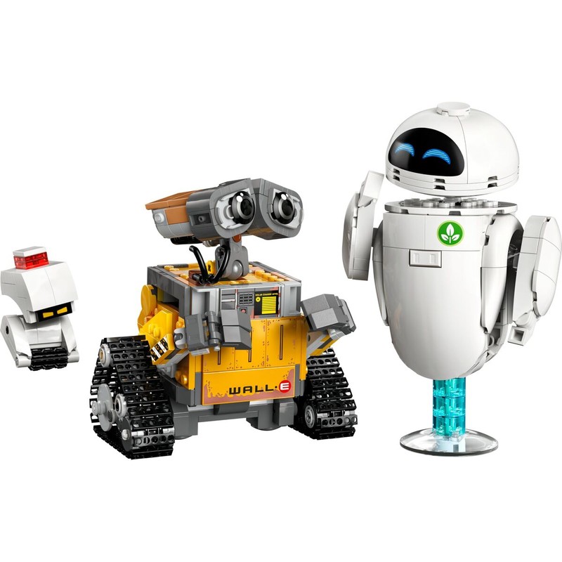 Lego WallE, figura articulada en pose de acción lista para exhibir.