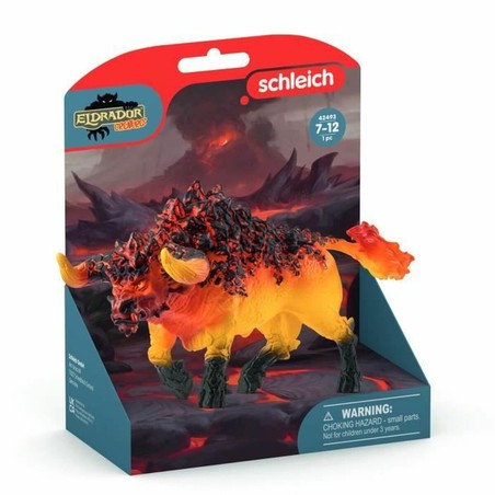 Detalle de Figura Schleich Fire Bull, criatura fantástica coleccionable.