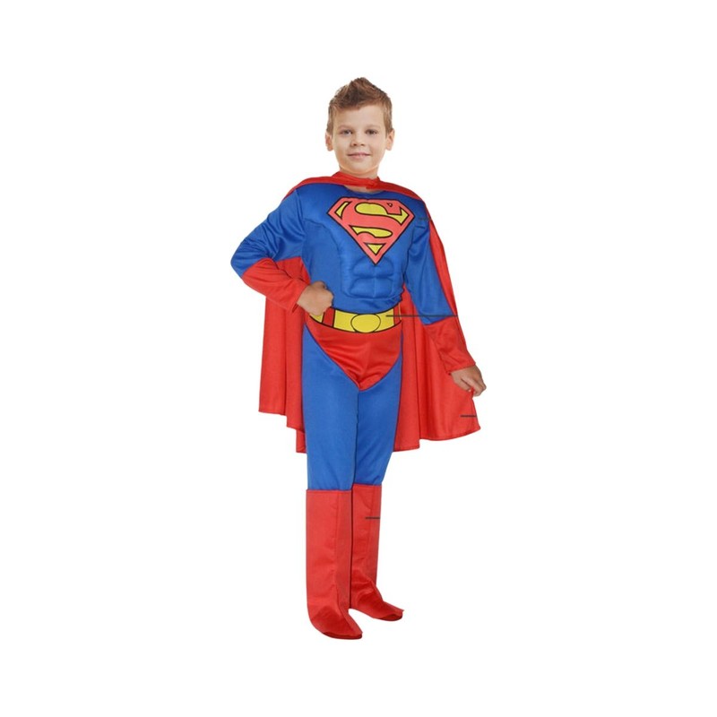 Disfraz para niños Superman con capa roja y escudo en el pecho.
