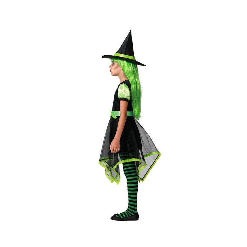 Detalle tejido y color del disfraz bruja verde infantil