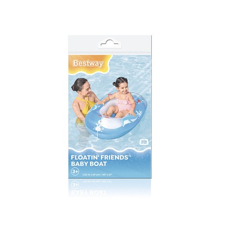 Niño feliz flotando en el flotador Bestway, diversión garantizada para 3 años.