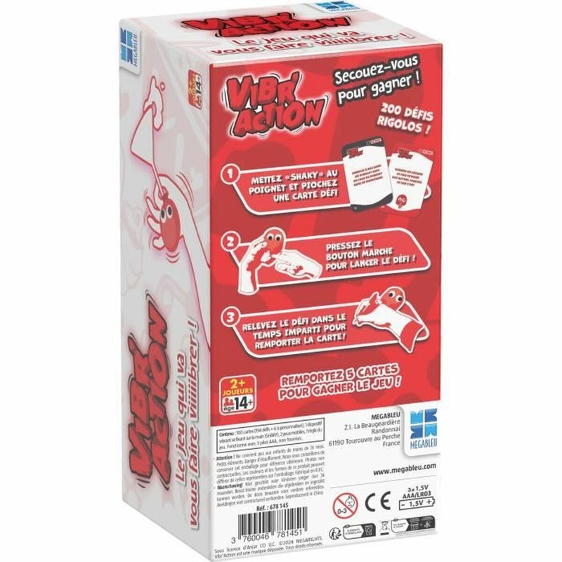 Juego mesa familiar Vibr'Action: pulsera vibratoria y cartas de desafío con diseño rojo.
