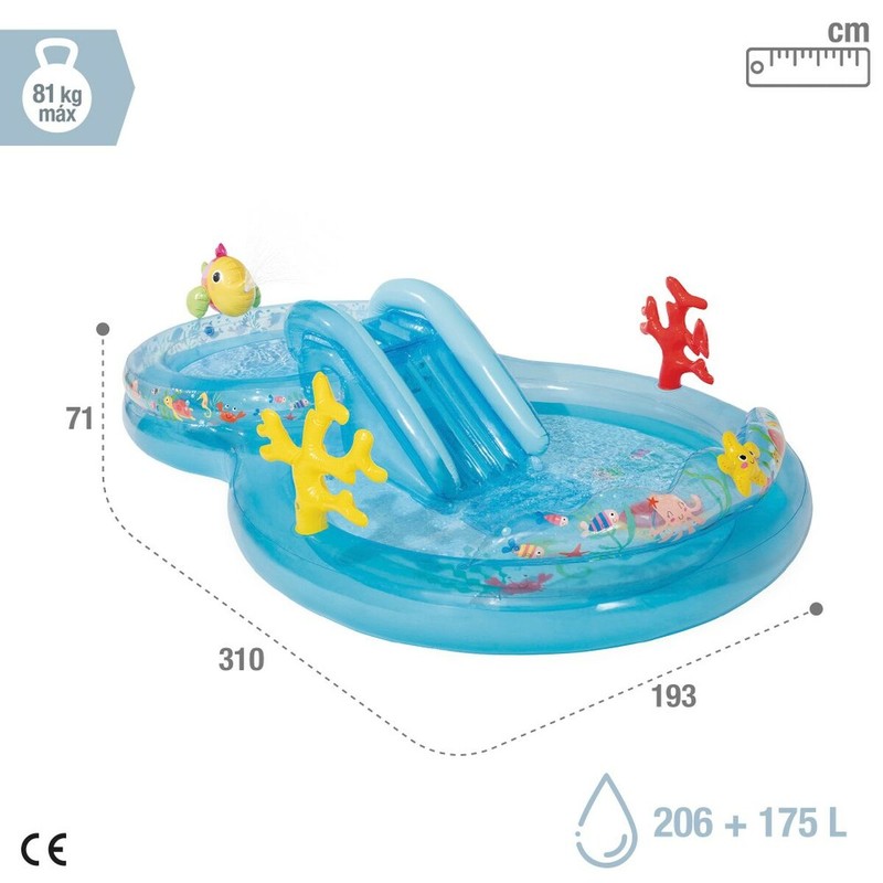 Familia disfrutando del juego agua exterior infantil Intex en el jardín.
