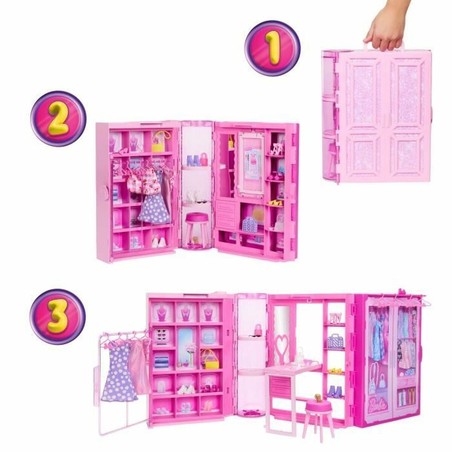 Detalle de los accesorios y vestuario del set Muñeca Barbie Dream Closet