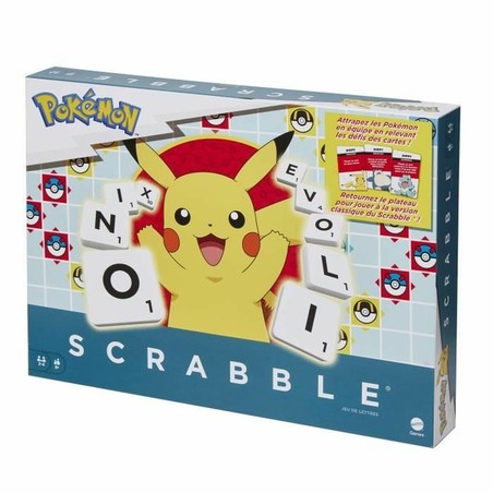 Juego mesa educativo Pokémon Scrabble, mostrando las fichas de letras en francés.