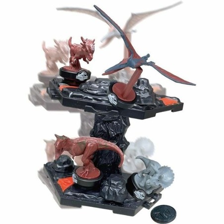 Juego mesa familiar Volcano Quake, niños jugando con figuras de dinosaurios