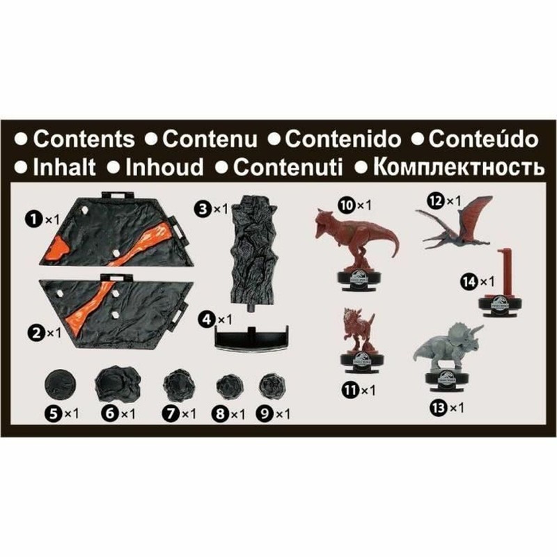 Componentes del Jurassic World Volcano Quake: plataforma volcán y dinosaurios de plástico
