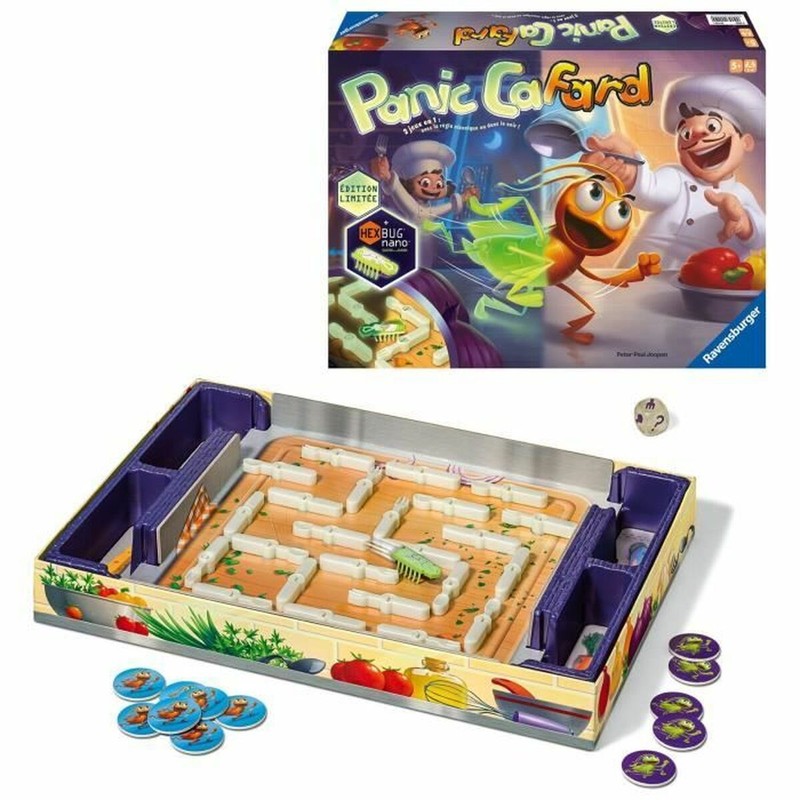 Familia jugando a juego mesa educativo Ravensburger con piezas brillantes
