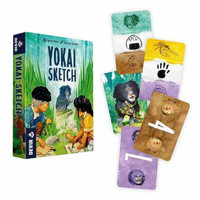 Jugadores disfrutando del juego de mesa creativo Yokai Sketch