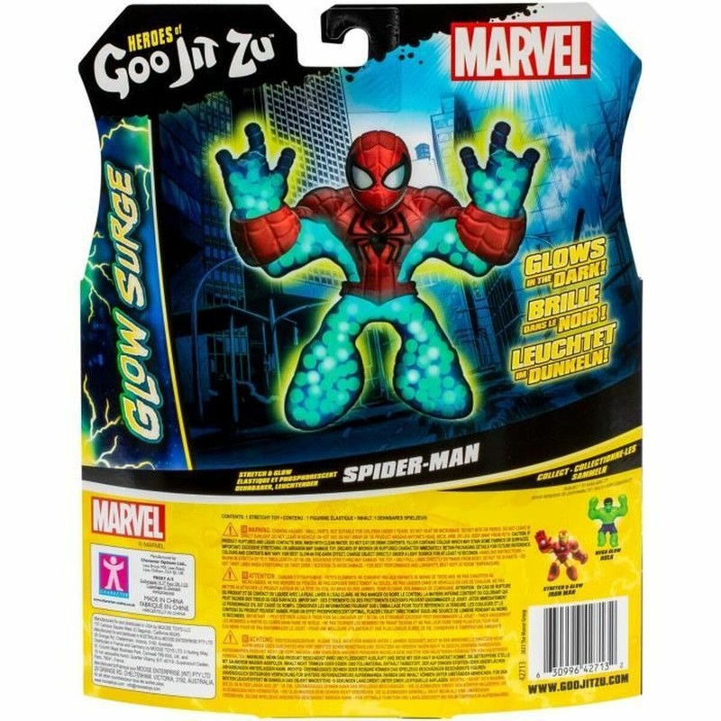 Spiderman Glow Surge junto a estructuras de bloques apilables bebé, listo para la aventura.