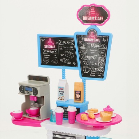 Detalle del mostrador y máquina de café del juego de cafetería infantil