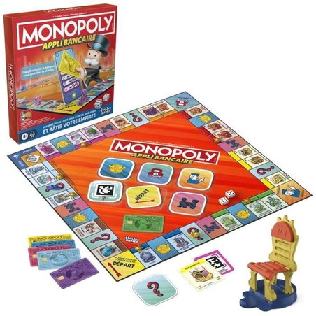 Componentes del juego de mesa familiar Monopoly con tarjetas y unidad bancaria.